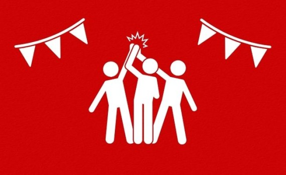 A trio of basic illustrated figures perform a group high-five.