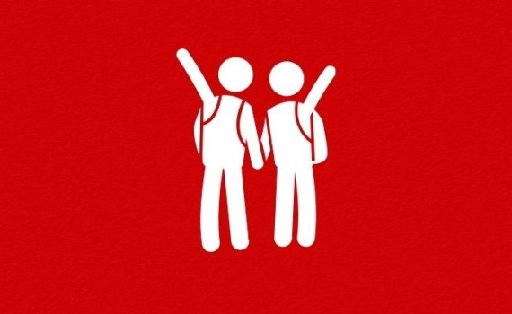 Two basic illustrated figures wearing backpacks each hold up a hand as they wave.