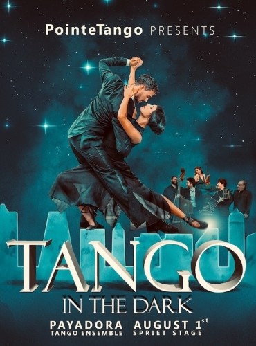A man and woman dance the tango in the foreground against a starry sky. A group of five musicians pose in the background.