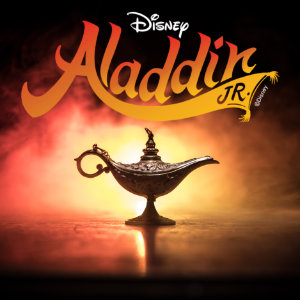 An ornate genie's lamp sits in the foreground, with a smoky red and orange backdrop. Text reads: Disney - Aladdin JR.