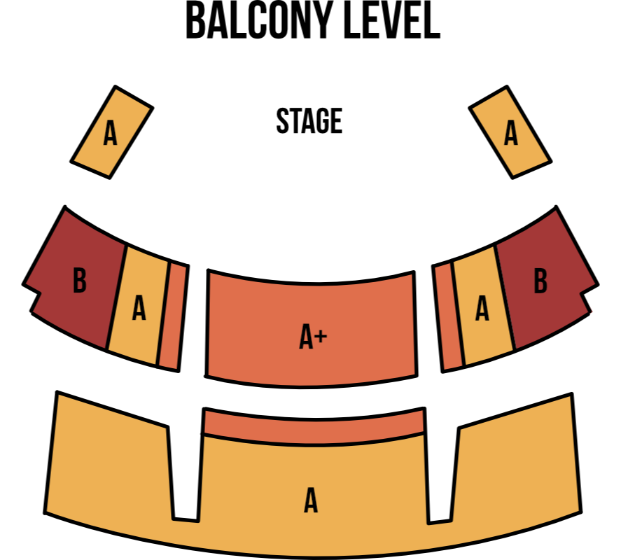 A visual representation of the balcony level of the Spriet Stage, indicating the different seating zones.