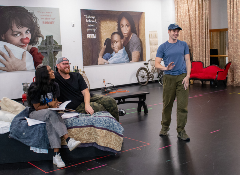 Reena Jolly, Constant Bernard, and Cameron Carver in rehearsal for Dracula: A Comedy of Terrors at the Grand Theatre.