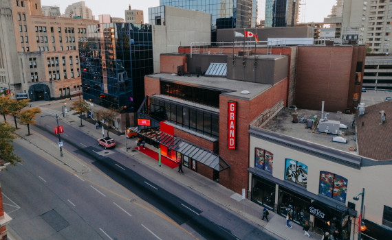 Aerial view of the Grand Theatre and Downtown London.