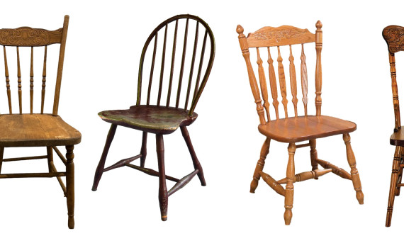 Various wooden unupholstered chairs without arms.
