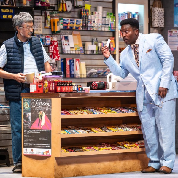 Pictured (L to R): Ins Choi and Emeka Agada. Photo by Dahlia Katz. Directed by Esther Jun. Set and Costume Design: Julia Kim (Set Design is based on the Original Set Design by Carolyn Rapanos). Lighting Design: Jareth Li.