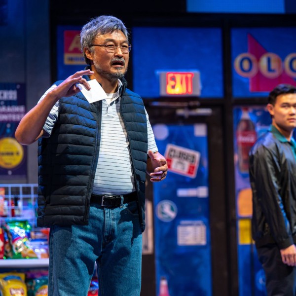 Pictured (L to R): Ins Choi and Leon Qin. Photo by Dahlia Katz. Directed by Esther Jun. Set and Costume Design: Julia Kim (Set Design is based on the Original Set Design by Carolyn Rapanos). Lighting Design: Jareth Li.