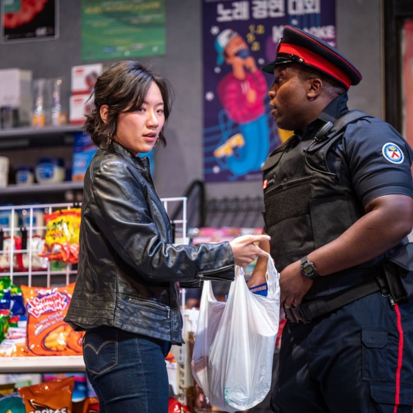 Pictured (L to R): Kelly J Seo and Emeka Agada. Photo by Dahlia Katz. Directed by Esther Jun. Set and Costume Design: Julia Kim (Set Design is based on the Original Set Design by Carolyn Rapanos). Lighting Design: Jareth Li.