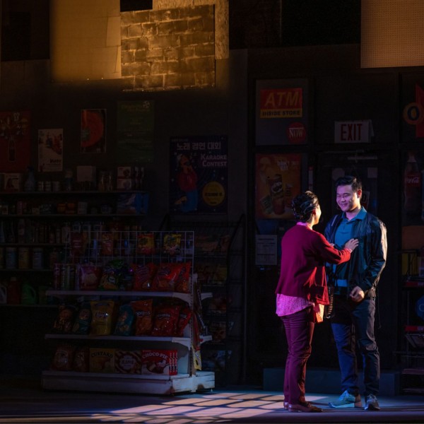 Pictured (L to R): Viki Kim and Leon Qin. Photo by Dahlia Katz. Directed by Esther Jun. Set and Costume Design: Julia Kim (Set Design is based on the Original Set Design by Carolyn Rapanos). Lighting Design: Jareth Li.