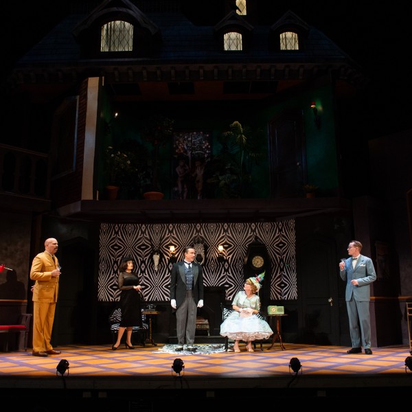 Pictured: The Company of CLUE. Photo by Dylan Hewlett. Directed by Dennis Garnhum. Set & Costume Designer: Brian Perchaluk. Lighting Designer: Kevin Lamotte.