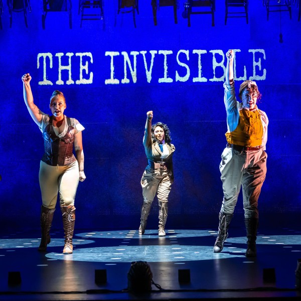 Pictured: The Company of THE INVISIBLE. Photo by Dahlia Katz. Directed by Jonathan Christenson. Costume and Lighting Design by Bretta Gerecke.