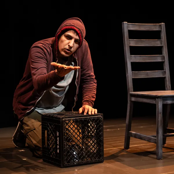 Pictured: Cliff Cardinal in HUFF. Photo by: Dahlia Katz. Directed by: Karin Randoja. Set and Costume Design by: Jackie Chau. Lighting Design by: Michelle Ramsay.