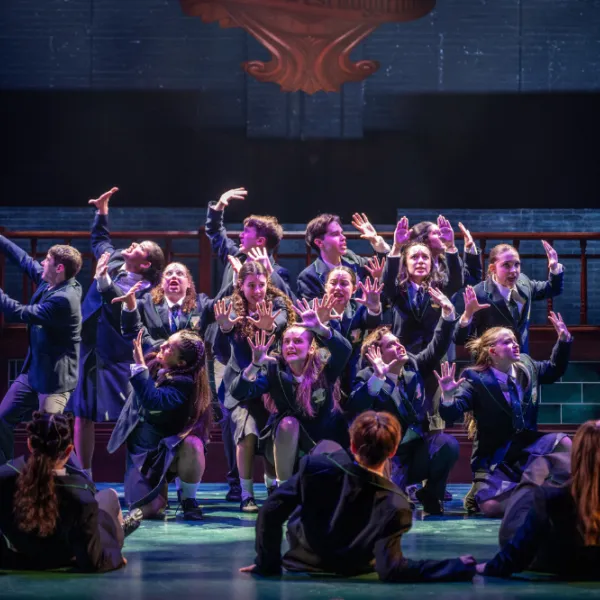 Pictured: The Company of MATILDA THE MUSICAL. Directed by: Megan Watson. Music Directed by: Sarah Richardson. Choreographed by: Stephen Cota. Set Design by: Scott Penner. Costume Design by: Lisa Wright. Lighting Design by: Jareth Li. Sound Design by: Aaron Ouellette. Photo by Dahlia Katz.