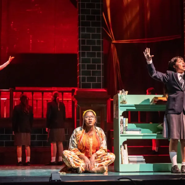 Pictured: The Company of MATILDA THE MUSICAL. Directed by: Megan Watson. Music Directed by: Sarah Richardson. Choreographed by: Stephen Cota. Set Design by: Scott Penner. Costume Design by: Lisa Wright. Lighting Design by: Jareth Li. Sound Design by: Aaron Ouellette. Photo by Dahlia Katz.