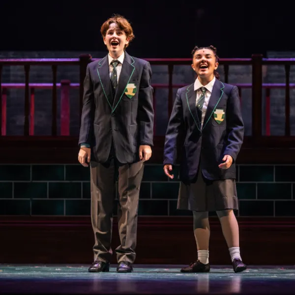 Pictured: The Company of MATILDA THE MUSICAL. Directed by: Megan Watson. Music Directed by: Sarah Richardson. Choreographed by: Stephen Cota. Set Design by: Scott Penner. Costume Design by: Lisa Wright. Lighting Design by: Jareth Li. Sound Design by: Aaron Ouellette. Photo by Dahlia Katz.