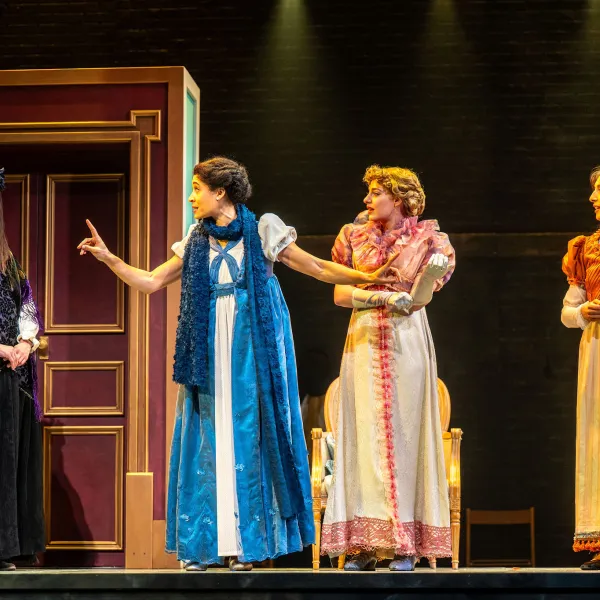 Pictured: Sarah Wilson, Beck Lloyd, Raechel Fisher, Lior Maharjan. Directed by Rebecca Northan, Choreographed by Krista Leis, Set Design by Brandon Kleiman, Costume Design by Joanna Yu, Lighting Design by Sophie Tang, Sound Design by Maddie Bautista. Photo by Dahlia Katz.