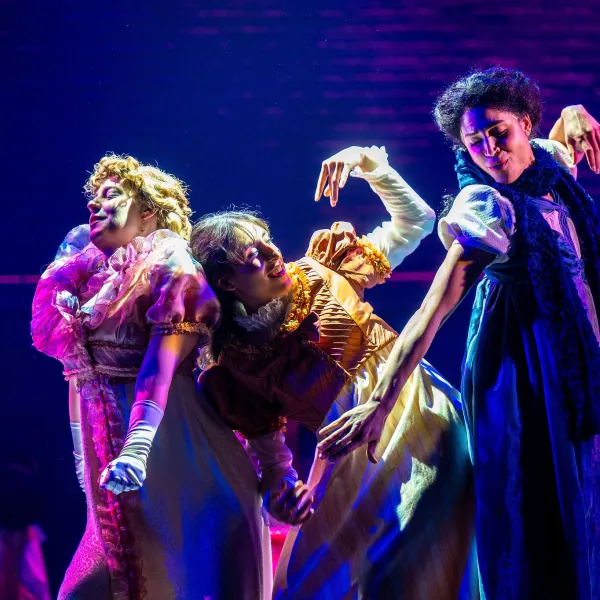Pictured: Raechel Fisher, Lior Maharjan, Beck Lloyd. Directed by Rebecca Northan, Choreographed by Krista Leis, Set Design by Brandon Kleiman, Costume Design by Joanna Yu, Lighting Design by Sophie Tang, Sound Design by Maddie Bautista. Photo by Dahlia Katz.