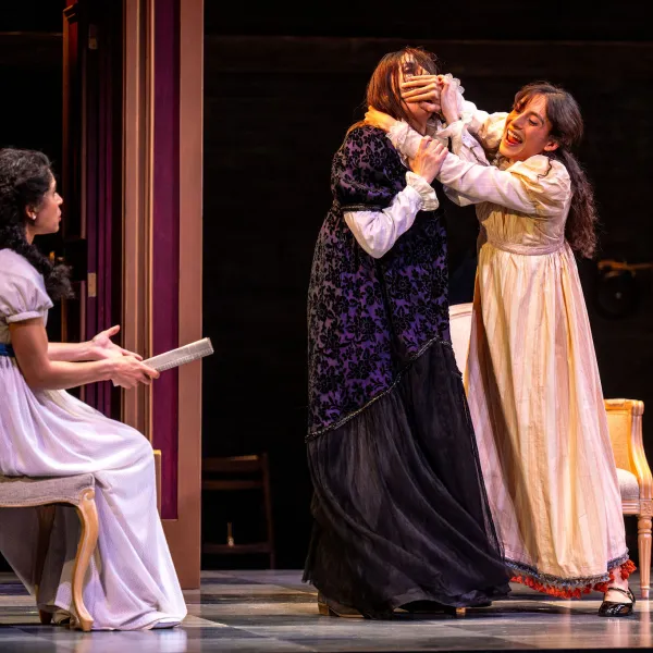 Pictured: Beck Lloyd, Sarah Wilson, Lior Maharjan. Directed by Rebecca Northan, Choreographed by Krista Leis, Set Design by Brandon Kleiman, Costume Design by Joanna Yu, Lighting Design by Sophie Tang, Sound Design by Maddie Bautista. Photo by Dahlia Katz.