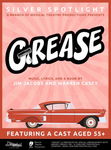A '50s era red car sits underneath the bold title treatment of 'GREASE', with a pink background.