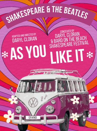 A Pink and white VW bus is positioned in front of a background of layered pink, purple and red hearts.