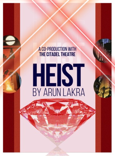 A large red diamond is centred under the title 'Heist', with lasers cross diagonally above.