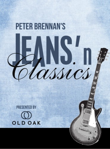 The words 'JEANS N CLASSICS' and an electric guitar are positioned on a light denim-textured background.