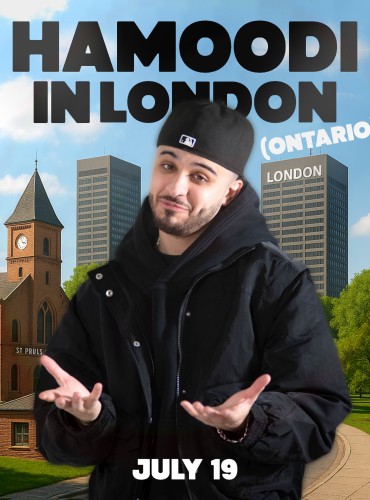 A man wearing a black jacket and hat shrugs, against a backdrop of a London, Ontario skyline.