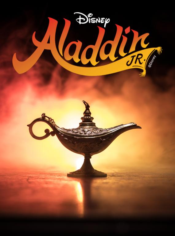 An ornate genie's lamp sits in the foreground, with a smoky red and orange backdrop. Text reads: Disney - Aladdin JR.