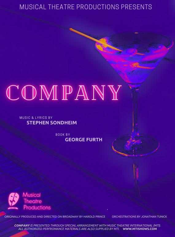 A purple-tinted martini can be seen against a dark purple background. The word 'COMPANY' emits a neon-like glow.