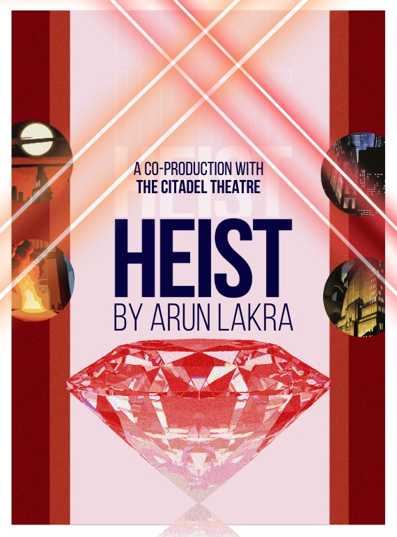 A large red diamond is centred under the title 'Heist', with lasers cross diagonally above.
