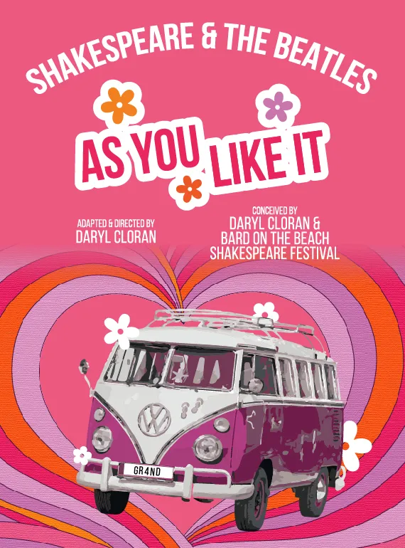 A Pink and white VW bus is positioned in front of a background of layered pink, purple and red hearts.