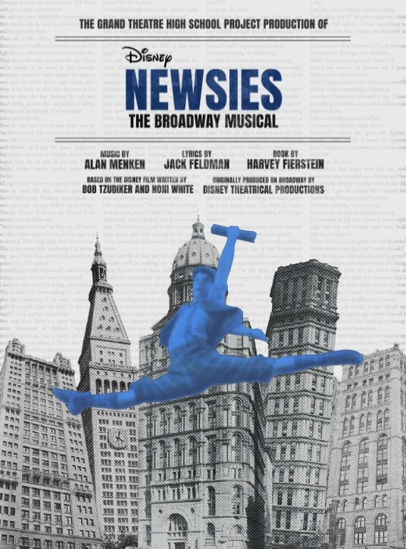 A leaping dancer in sillhouette against a backdrop of tall buildings is positioned under a title that read Disney's NEWSIES.